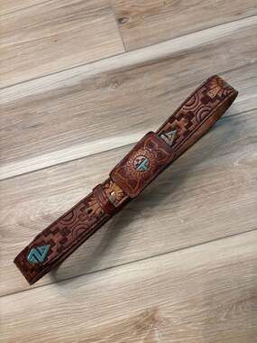 Vintage Fred Harvey Era Tooled Leather Belt with Turquoise